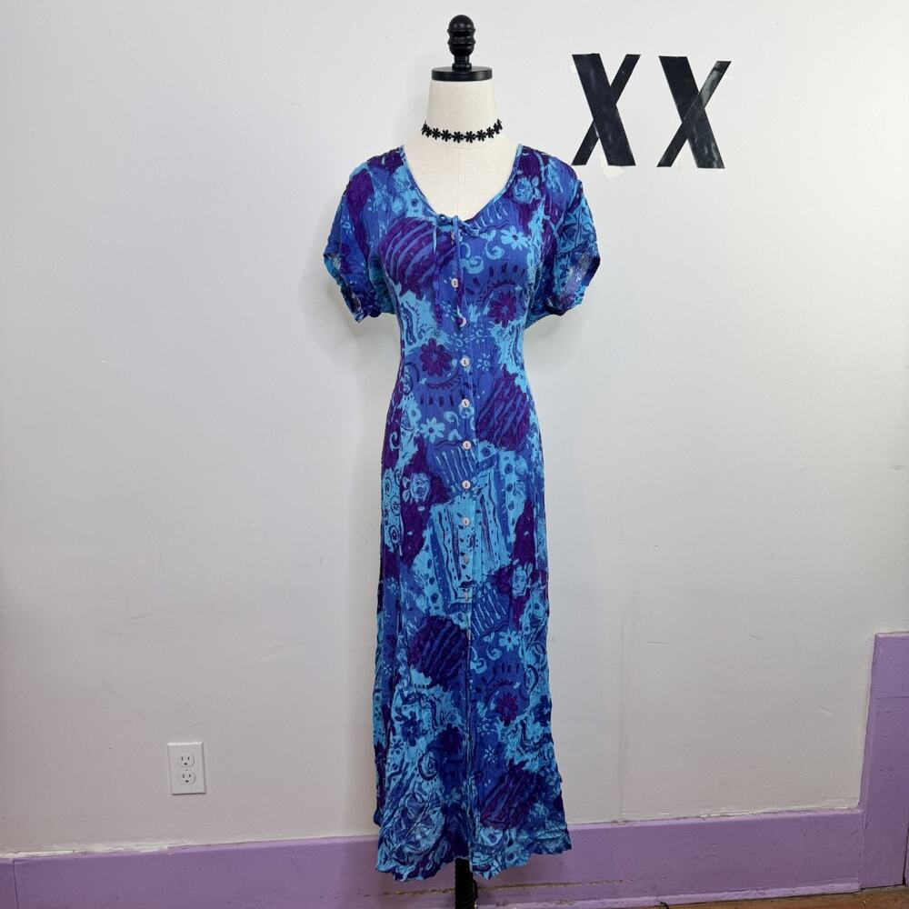 Vintage 90s PHOOL Blue Floral Sheer Maxi Dress Rayon Button Front M